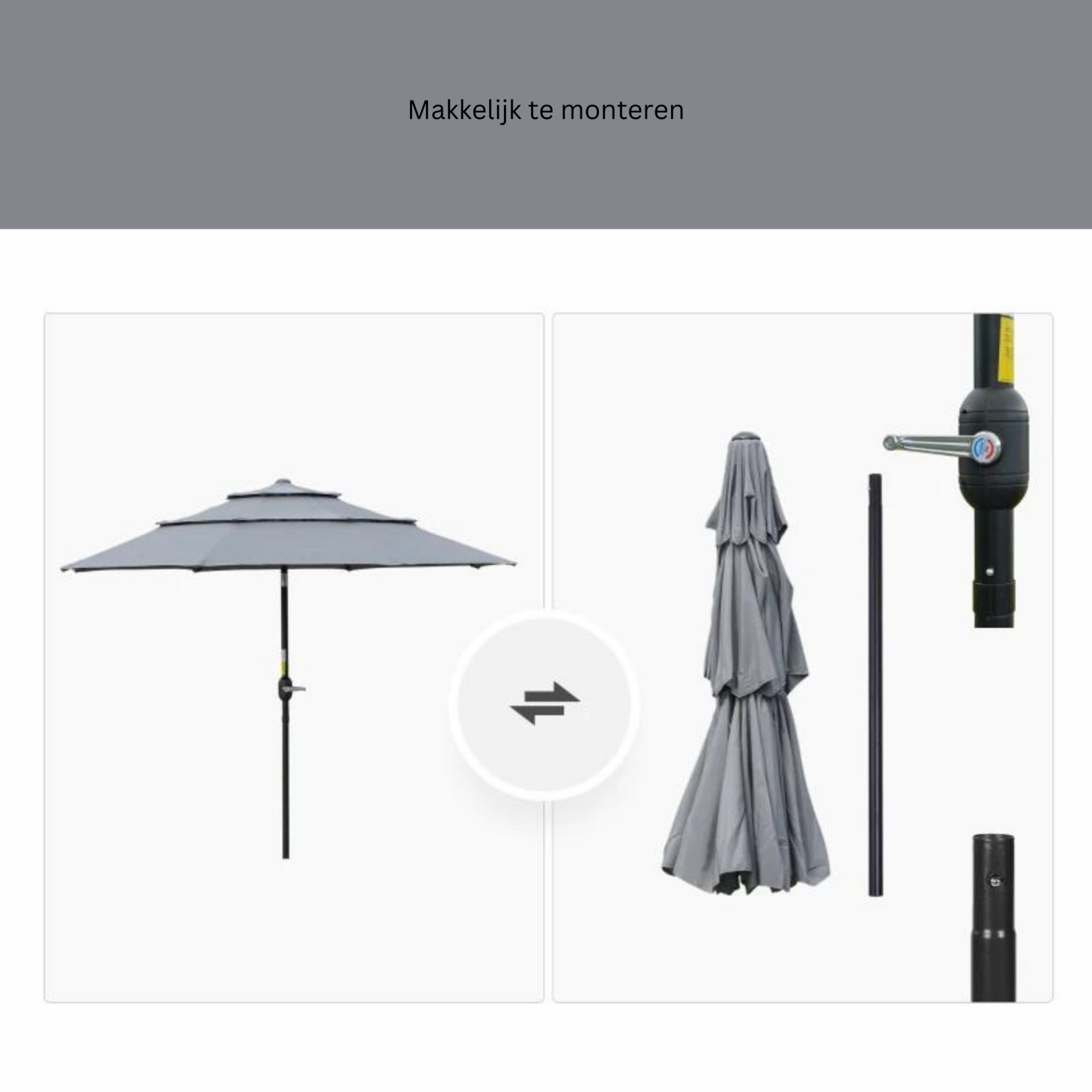 Donkergrijze parasol Ø2,6 m met handslinger en stevig stalen frame