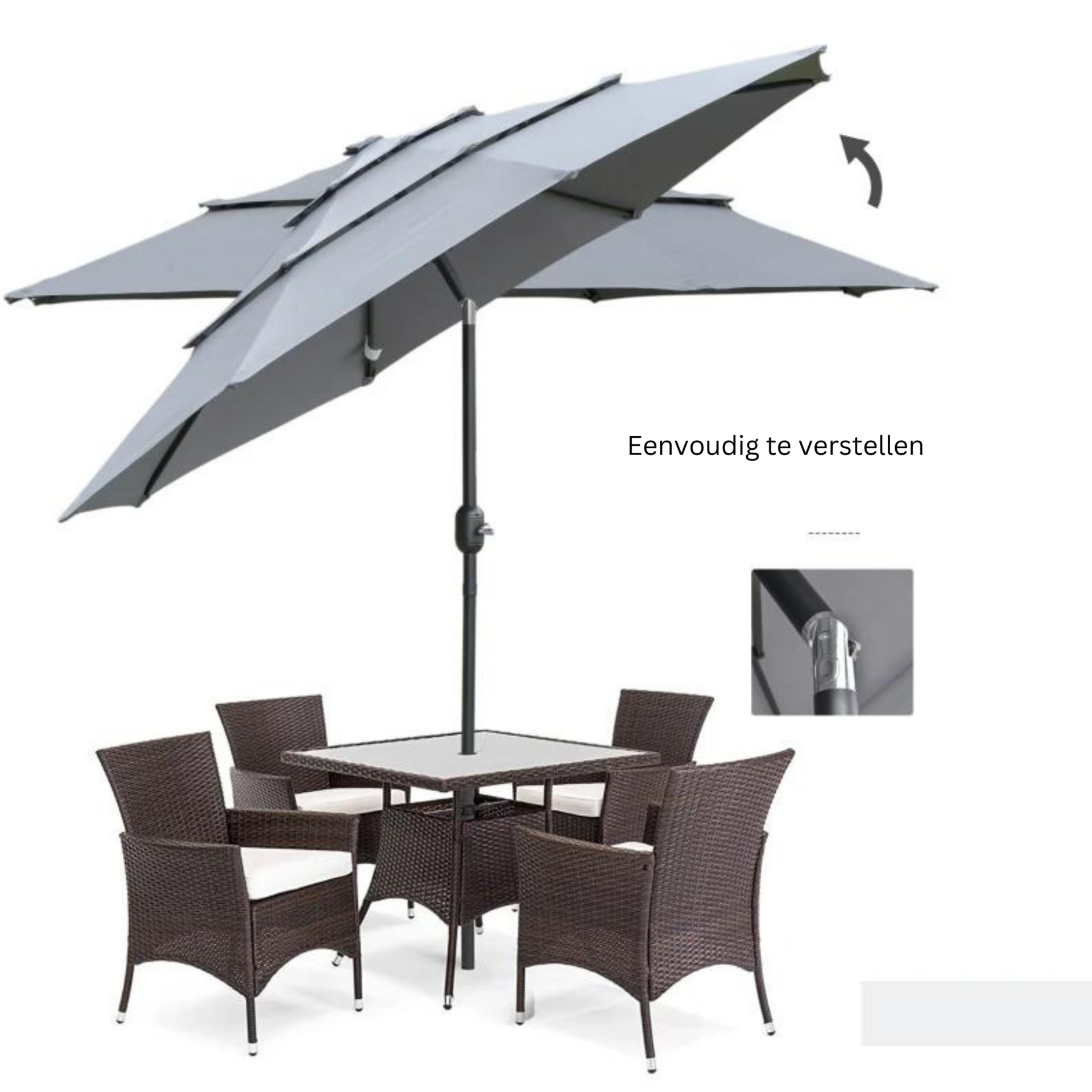 Donkergrijze parasol Ø2,6 m met handslinger en stevig stalen frame