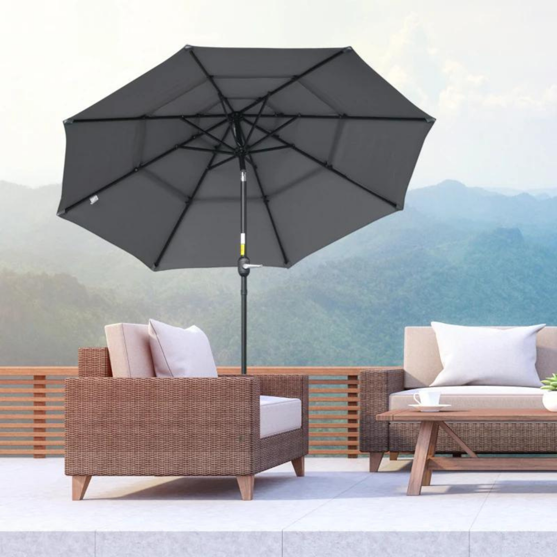 Donkergrijze parasol Ø2,6 m met handslinger en stevig stalen frame