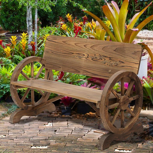 Landelijke tuinbank hout bruin 114x58x80 cm met klassiek design en unieke houten wielen als armleuningen buitenplaats decoratie