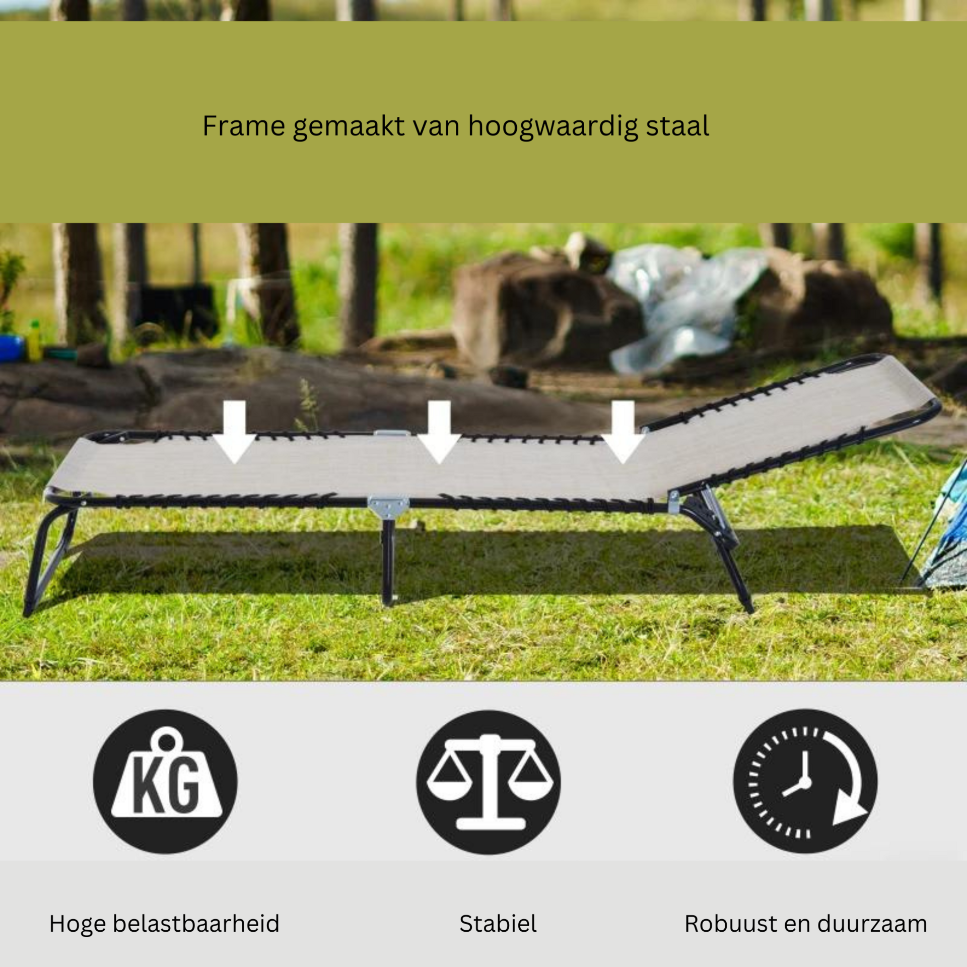 Beige inklapbaar veldbed 197x58x30 cm als ligbed voor camping of tuin