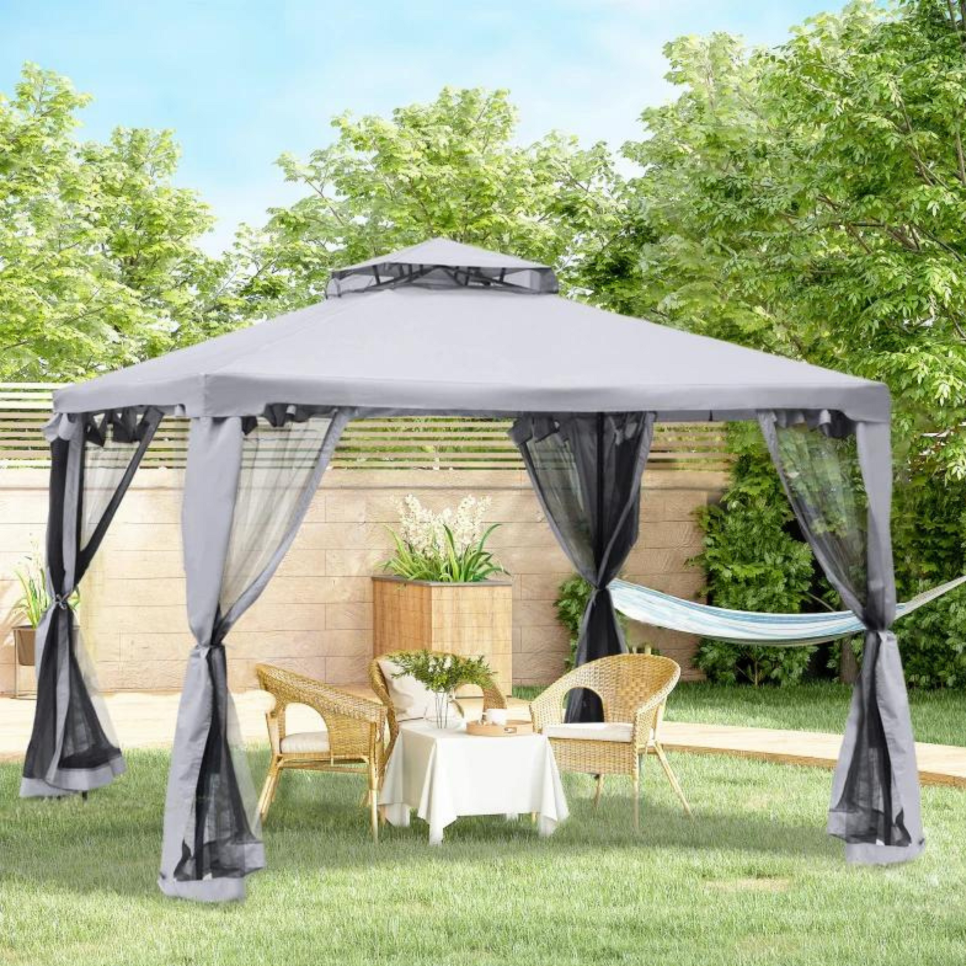 Tuinpaviljoen vouwtent grijs – 294×294×265 cm waterafstotend en stevig