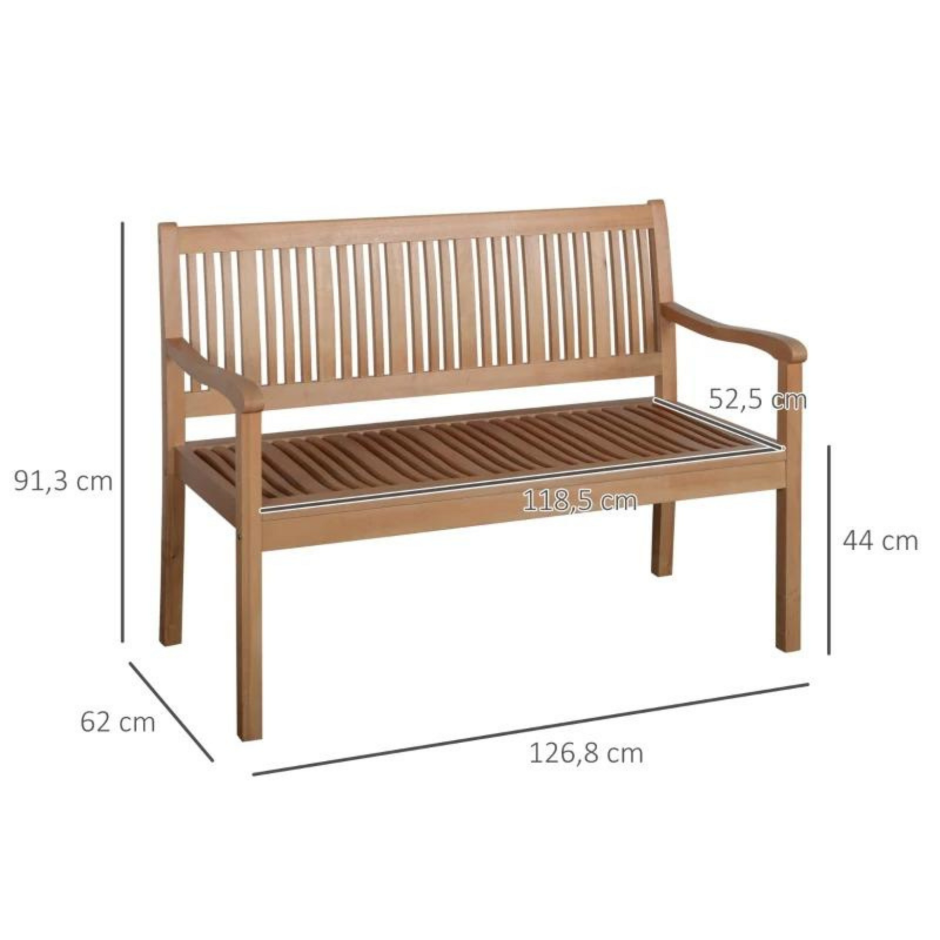 Houten 2-zits tuinbank 127x62x92 cm met armleuningen en rugsteun