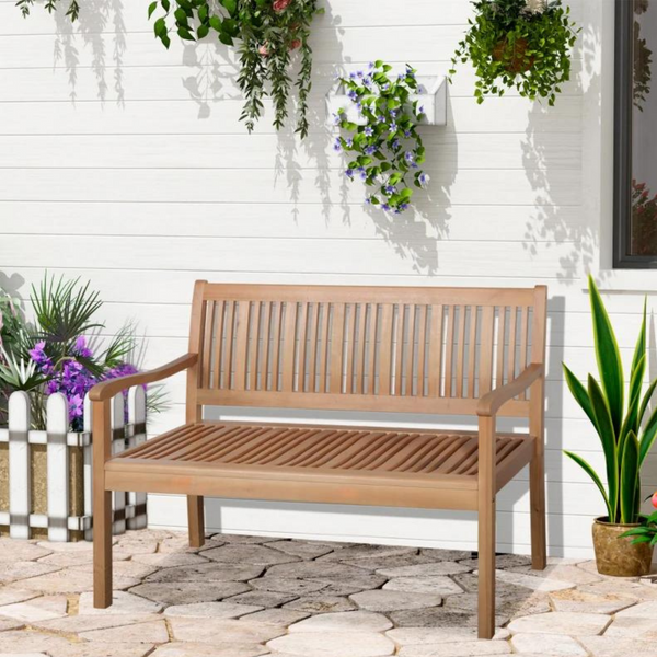 Houten 2-zits tuinbank 127x62x92 cm met armleuningen en rugsteun