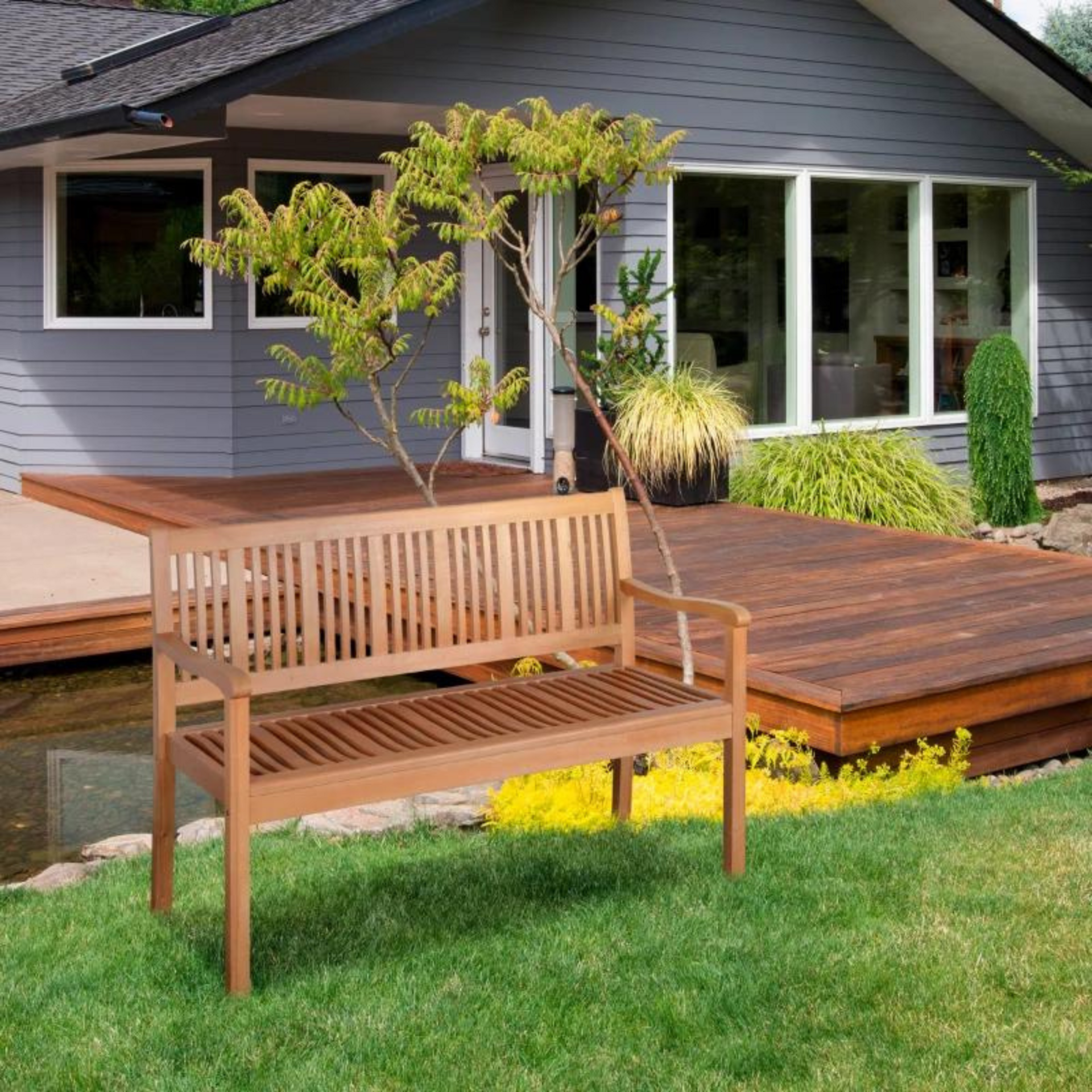 Houten 2-zits tuinbank 127x62x92 cm met armleuningen en rugsteun