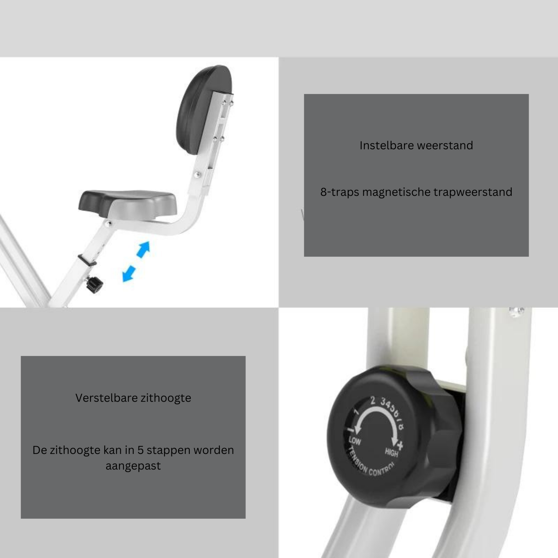 Verstelbare hometrainer wit met display en 8 weerstandsniveaus