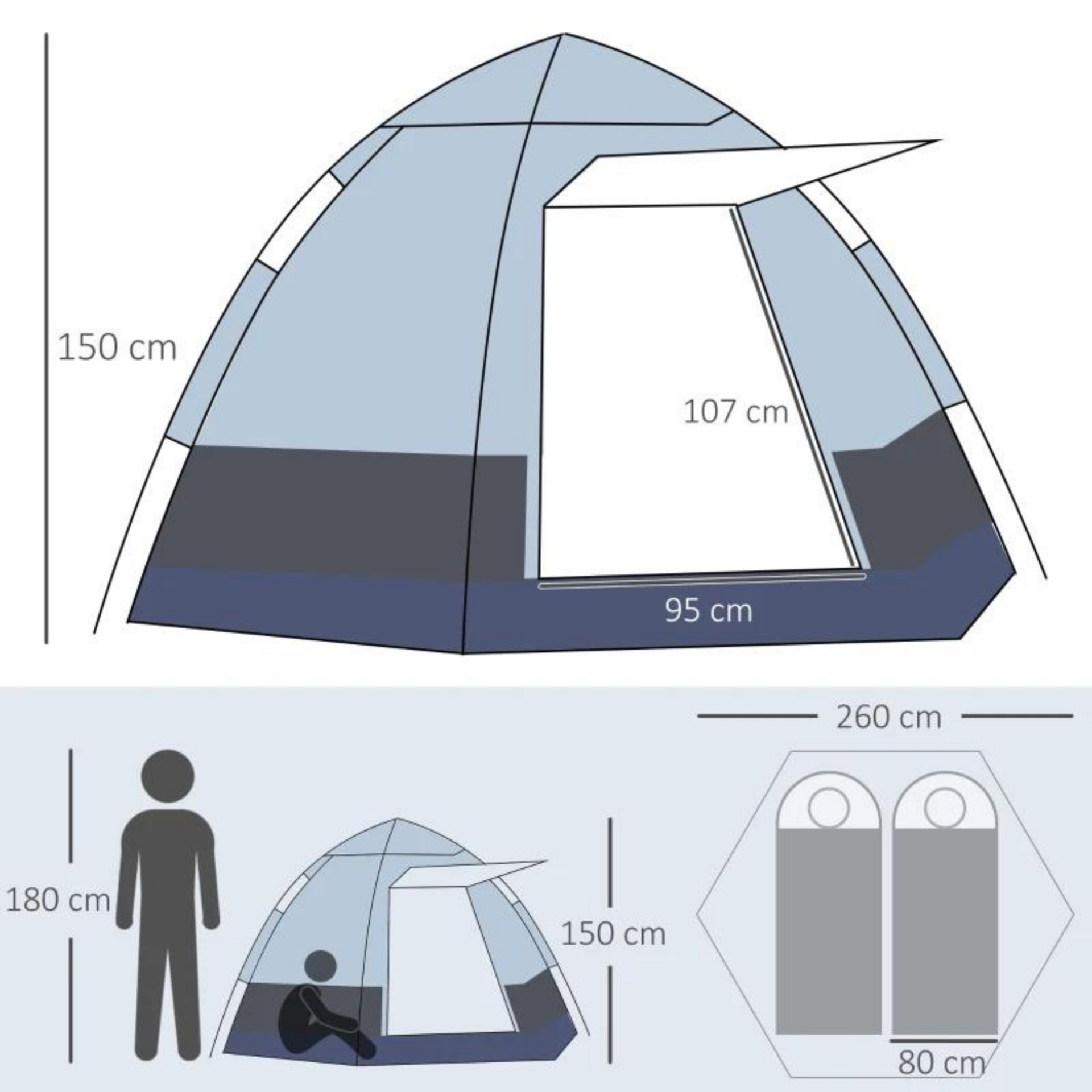 Kampeertent koepeltent 3-persoons 260x260x150 cm met draagtas