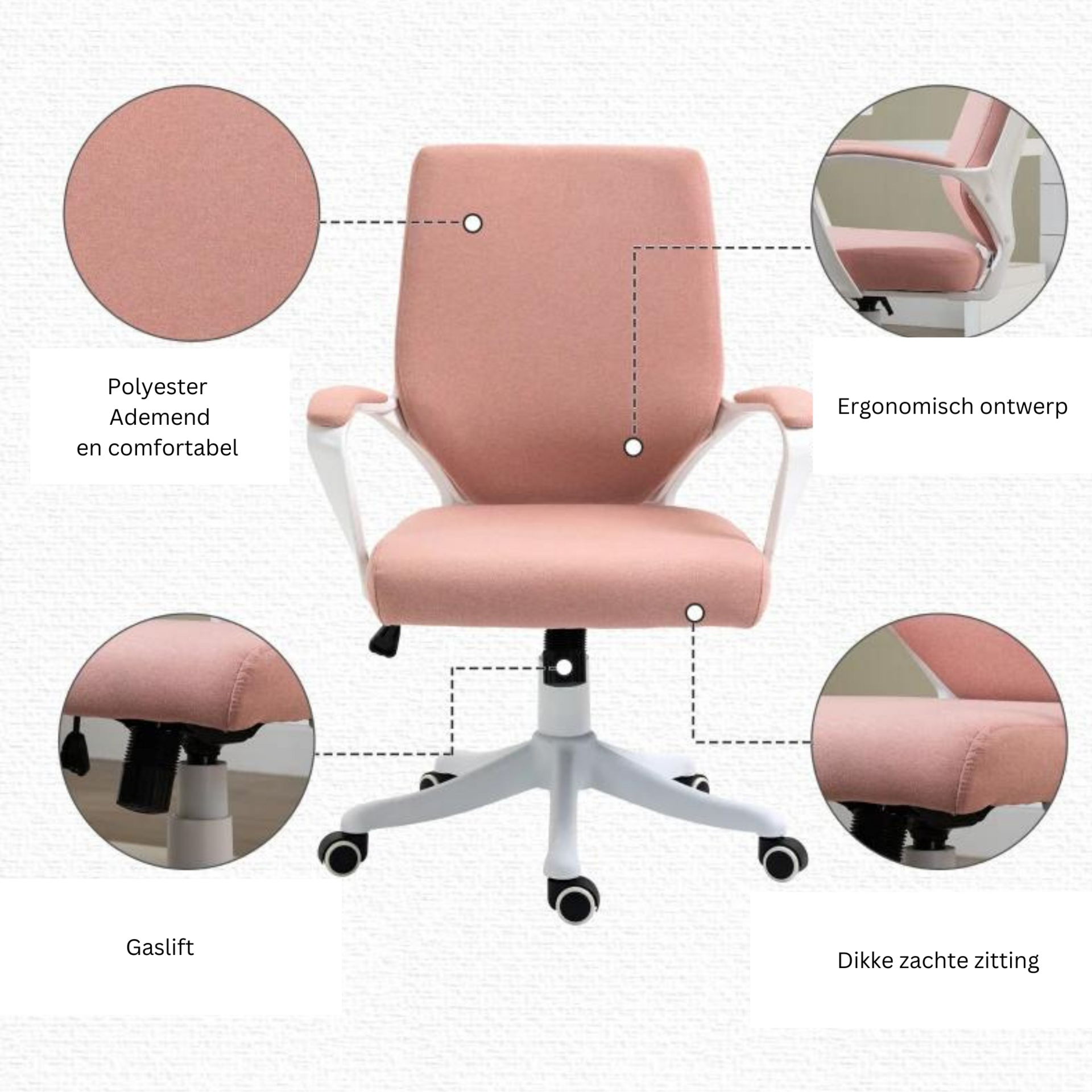 Ergonomische bureaustoel roze-wit met verstelbare rug en zithoogte