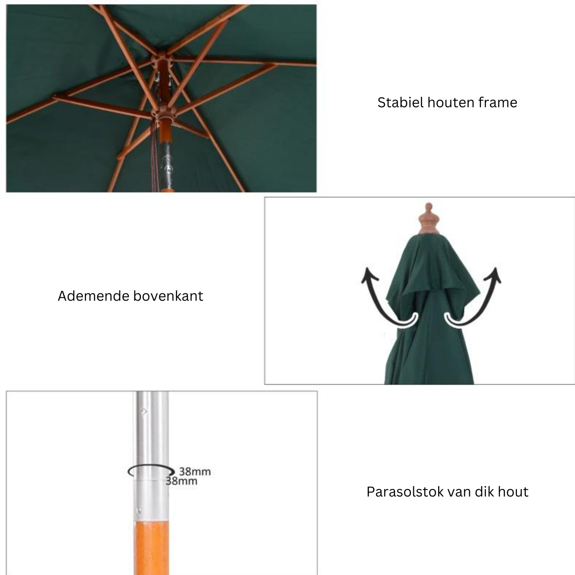 Rechthoekige luxe balkonparasol 200 x 150 cm groen met knikbaar en UV-bescherming