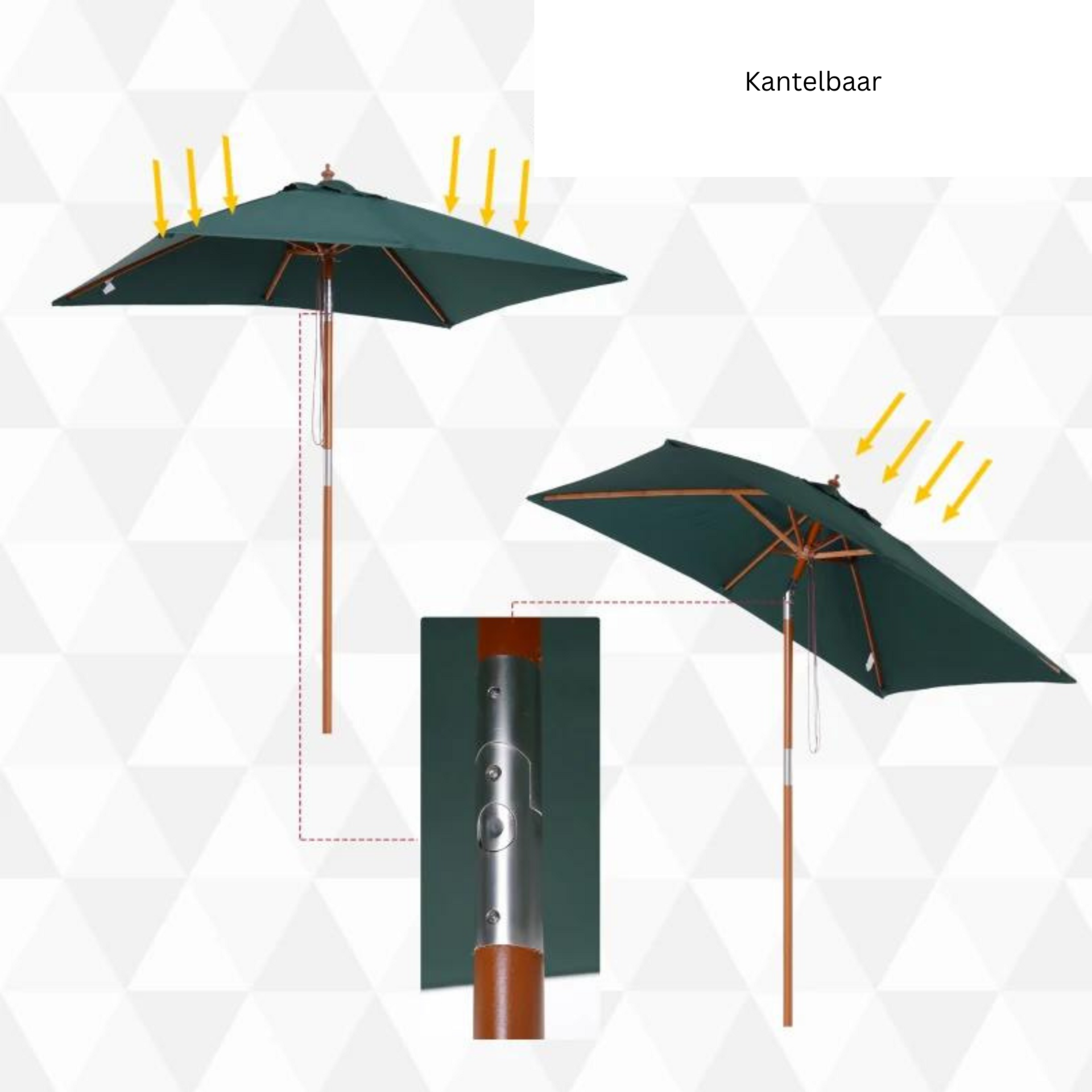 Rechthoekige luxe balkonparasol 200 x 150 cm groen met knikbaar en UV-bescherming