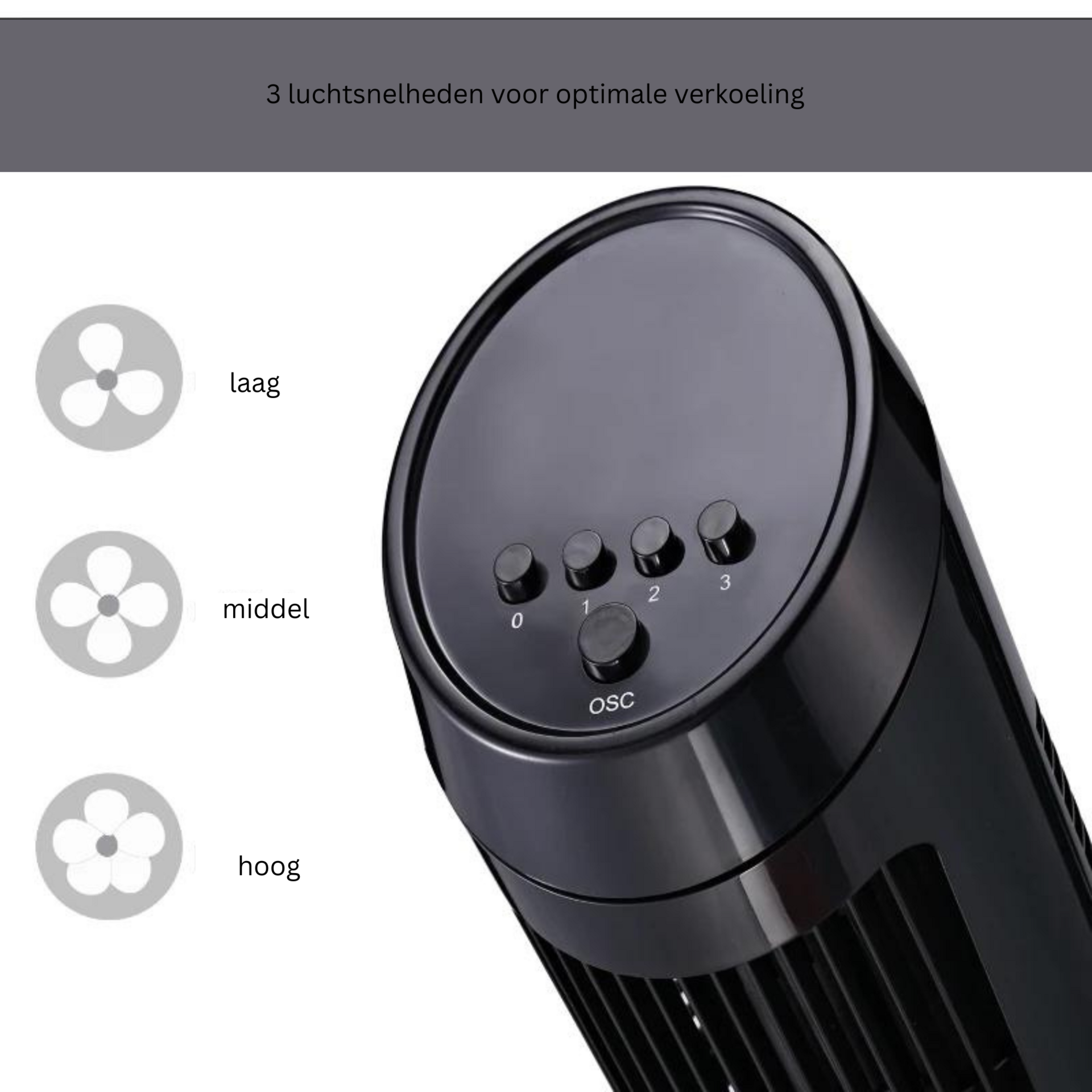 Stille zwarte torenventilator 45W met zwenkfunctie en slank design