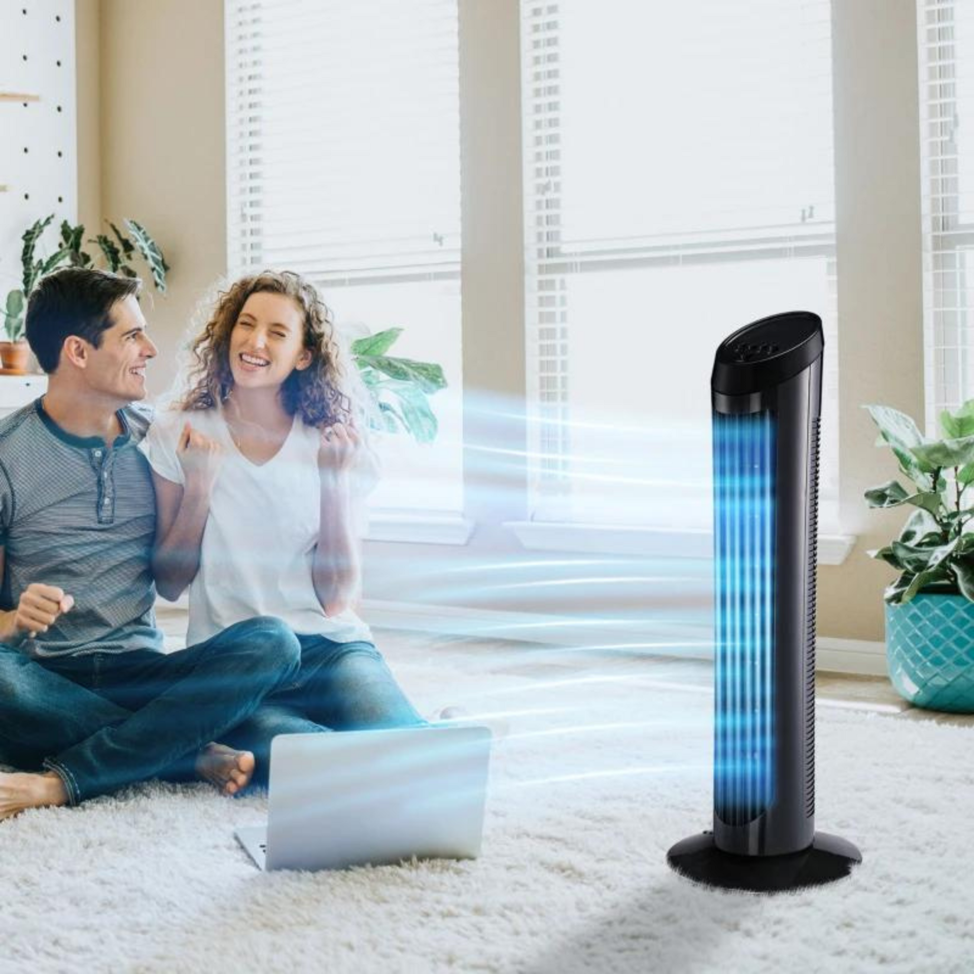 Stille zwarte torenventilator 45W met zwenkfunctie en slank design