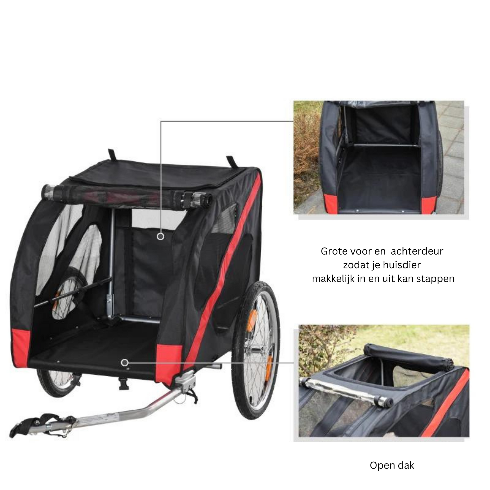 Fietskar voor honden met ventilatie, reflectoren en stevige koppeling rood