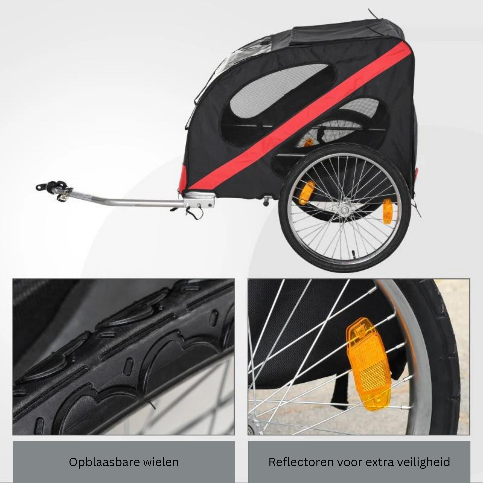 Fietskar voor honden met ventilatie, reflectoren en stevige koppeling rood