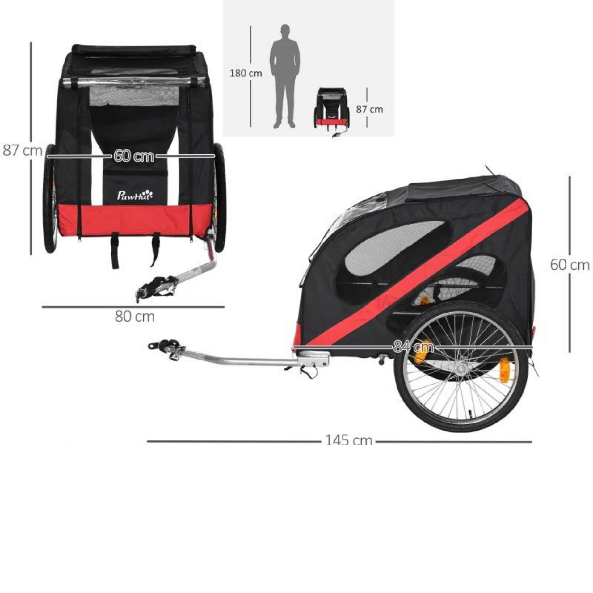 Fietskar voor honden met ventilatie, reflectoren en stevige koppeling rood
