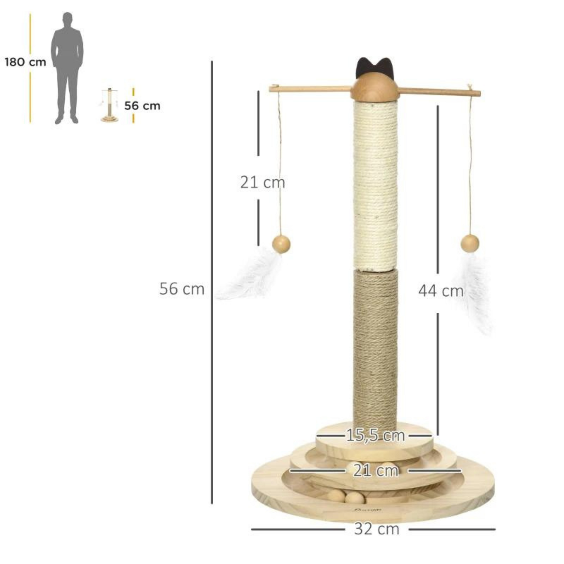 Kattenkrabpaal met sisalpalen 56 cm, speeltjes en zacht ligplateau