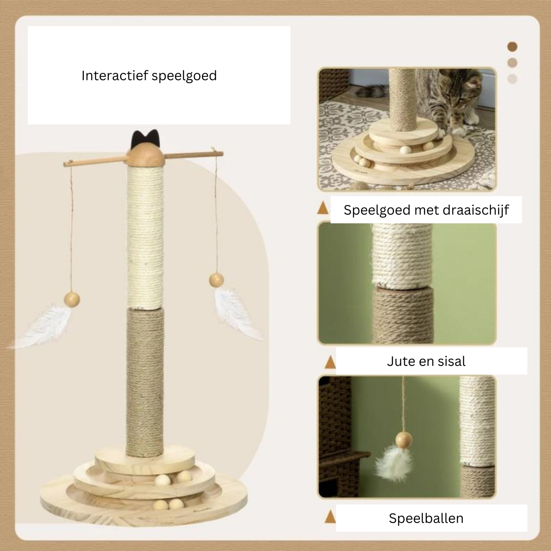 Kattenkrabpaal met sisalpalen 56 cm, speeltjes en zacht ligplateau