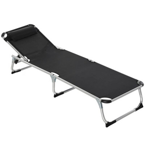 Zwart ligbed met verstelbare rugleuning en comfortabel ligkussen, lichtgewicht en ideaal voor tuin en terras ontspanning