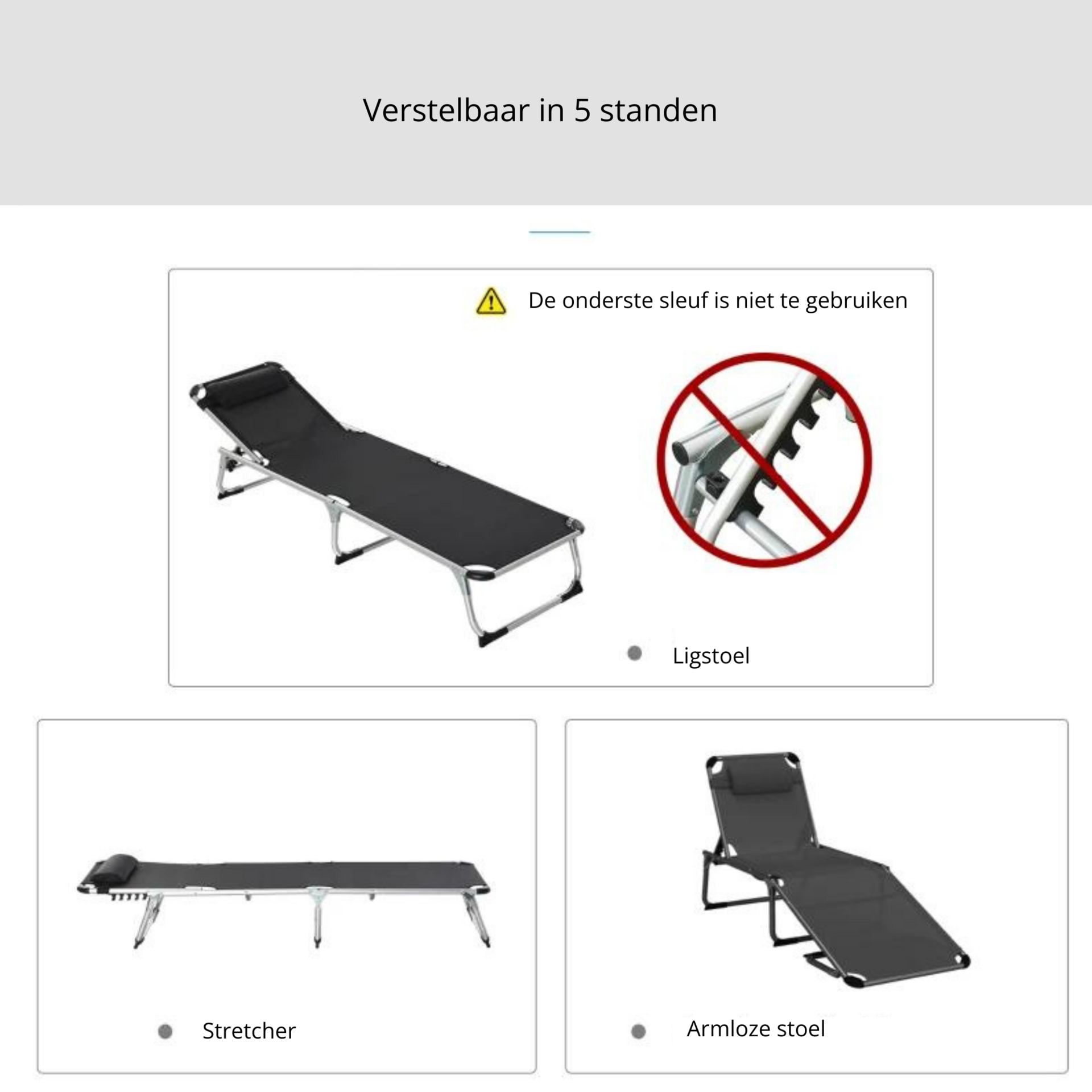 Zwart ligbed met verstelbare rugleuning en comfortabel ligkussen