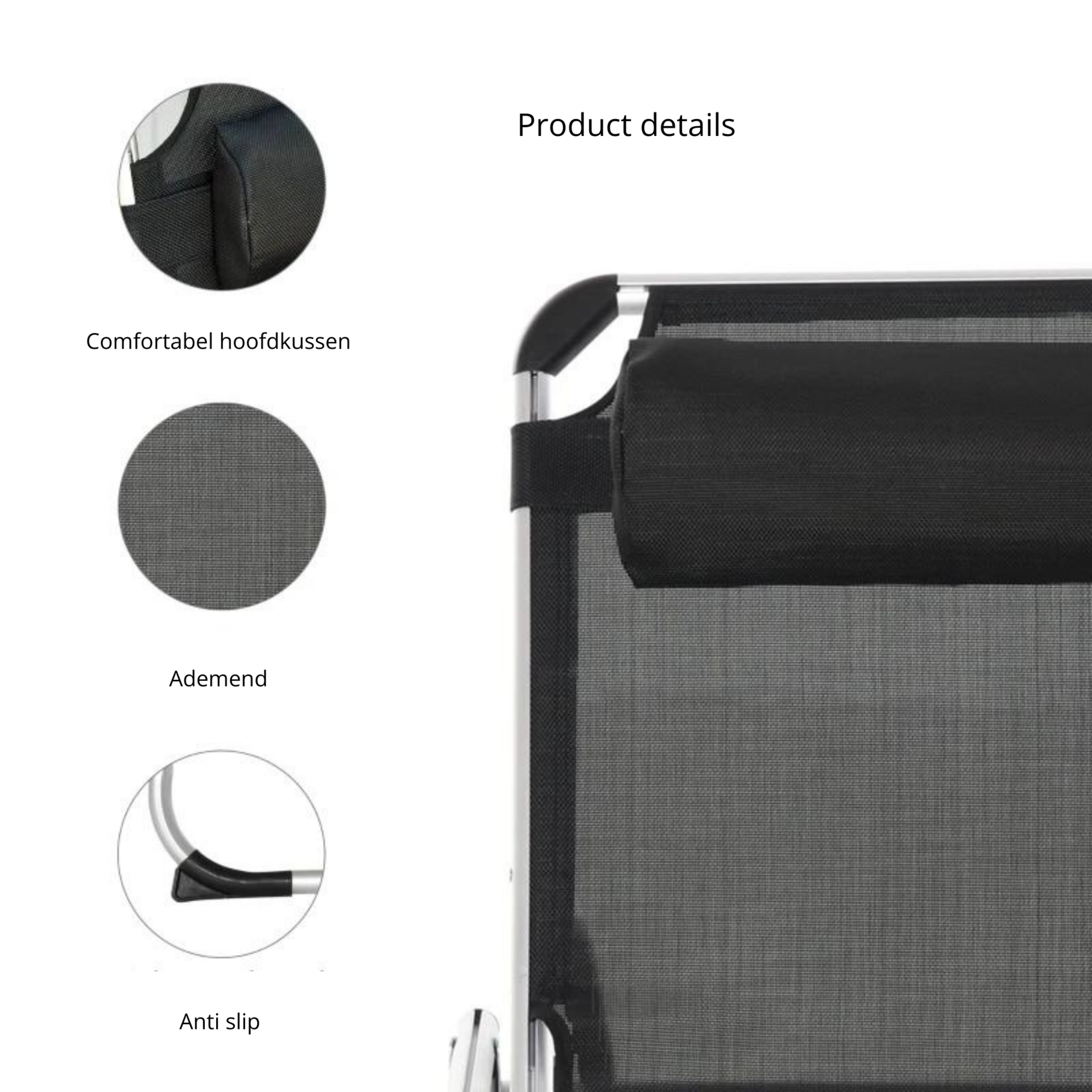 Zwart ligbed met verstelbare rugleuning en comfortabel ligkussen
