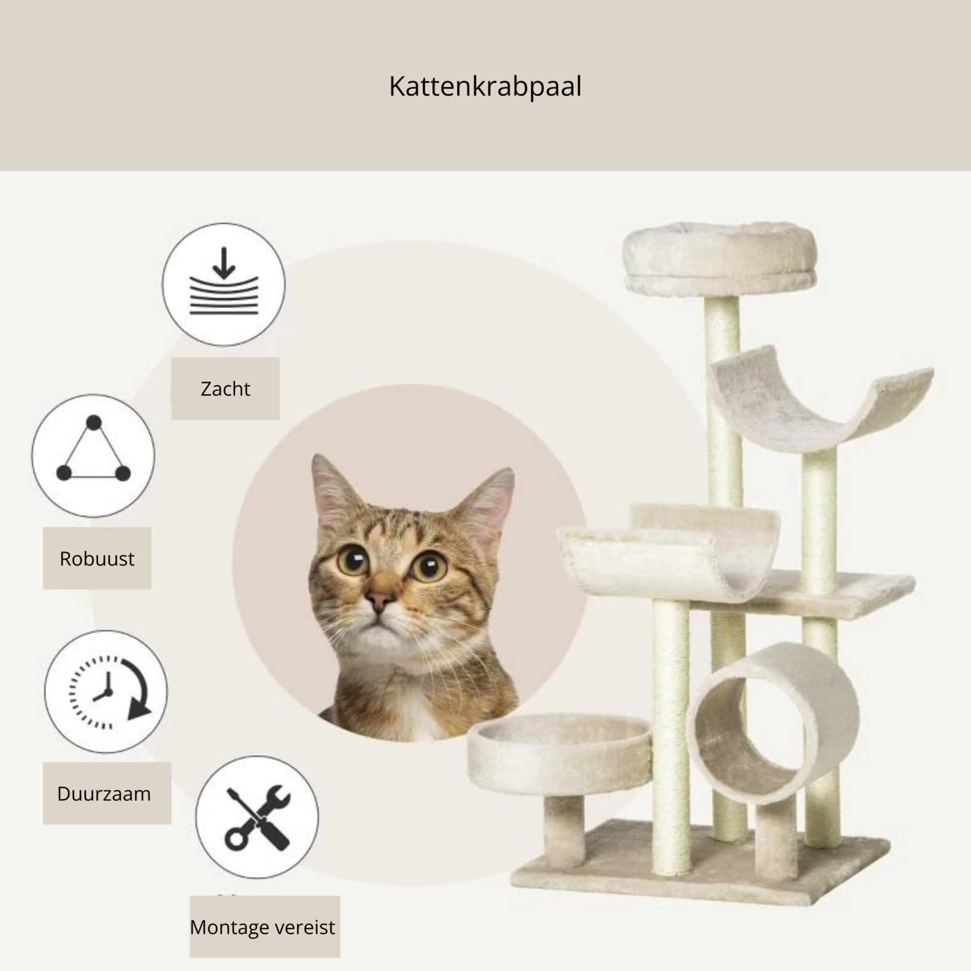 Beige kattenkrabpaal met kattenhuis, sisalpalen en speelplezier