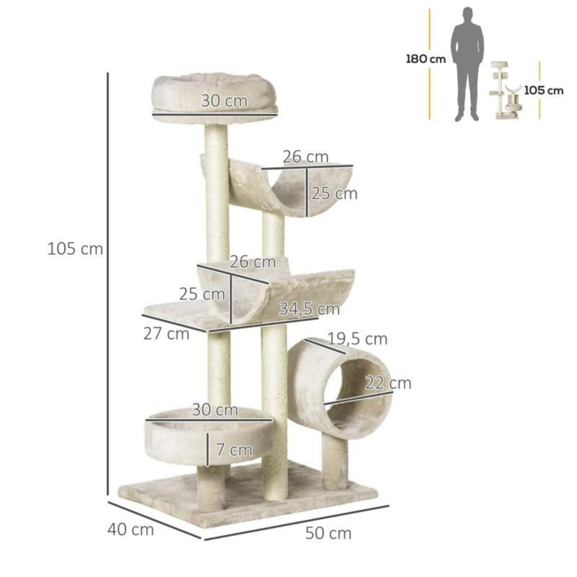 Beige kattenkrabpaal met kattenhuis, sisalpalen en speelplezier