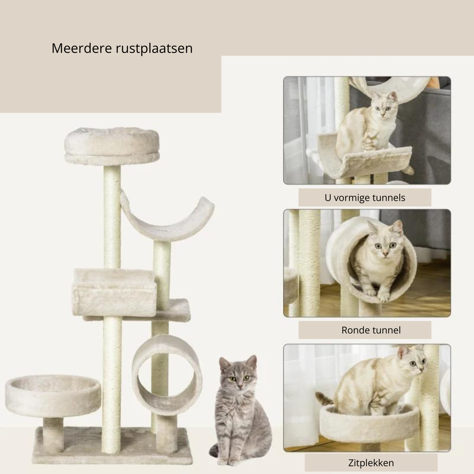 Beige kattenkrabpaal met kattenhuis, sisalpalen en speelplezier