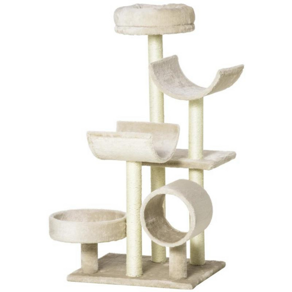 Beige kattenkrabpaal met kattenhuis, sisalpalen en speelplezier