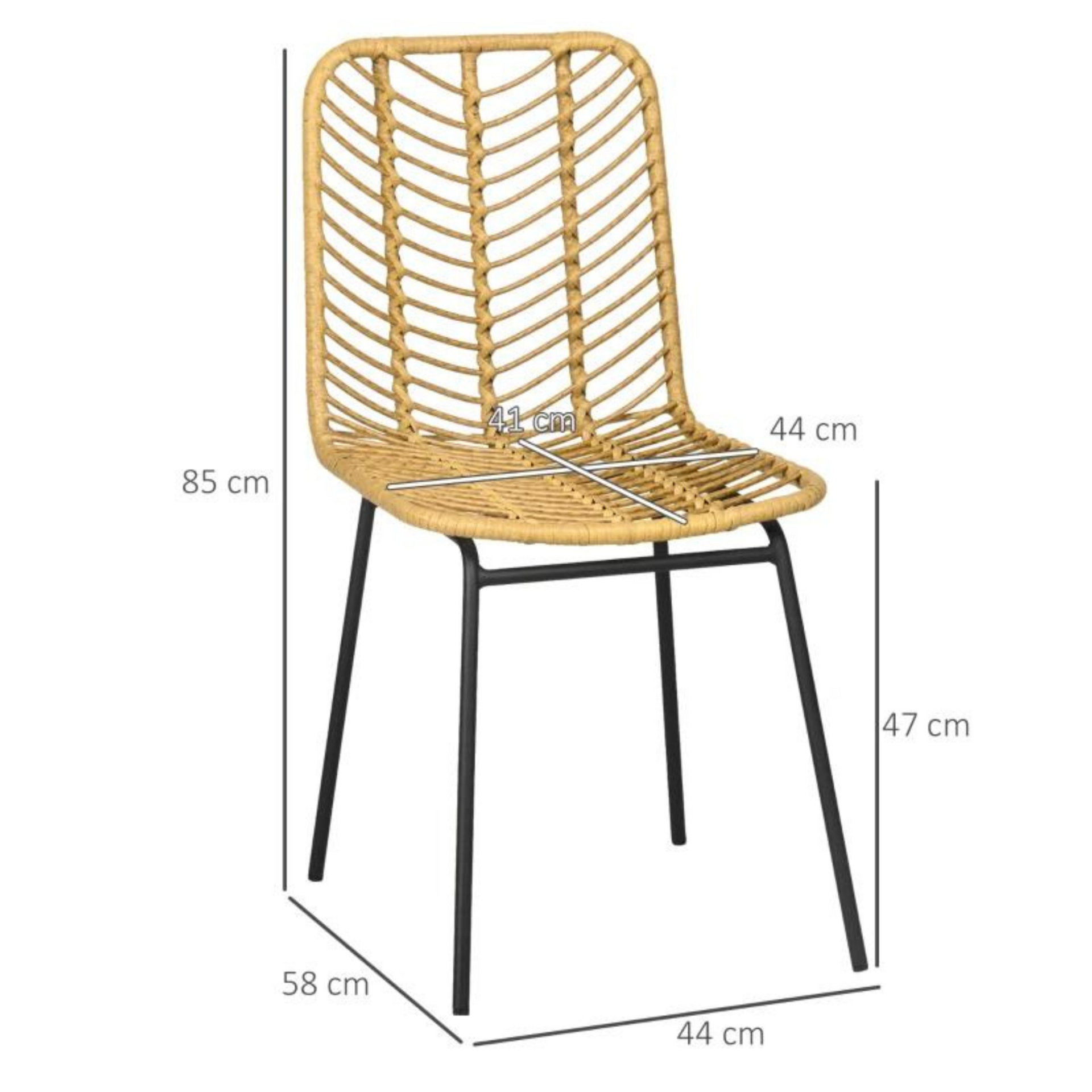 Boho eetkamerstoelen set met natuurlijke rotanlook en zwart metalen onderstel