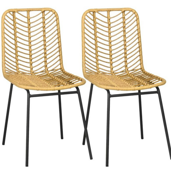 Boho eetkamerstoelen set met natuurlijke rotanlook en zwart metalen onderstel