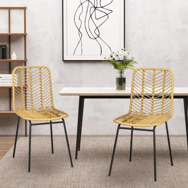 Boho eetkamerstoelen set met natuurlijke rotanlook en zwart metalen onderstel