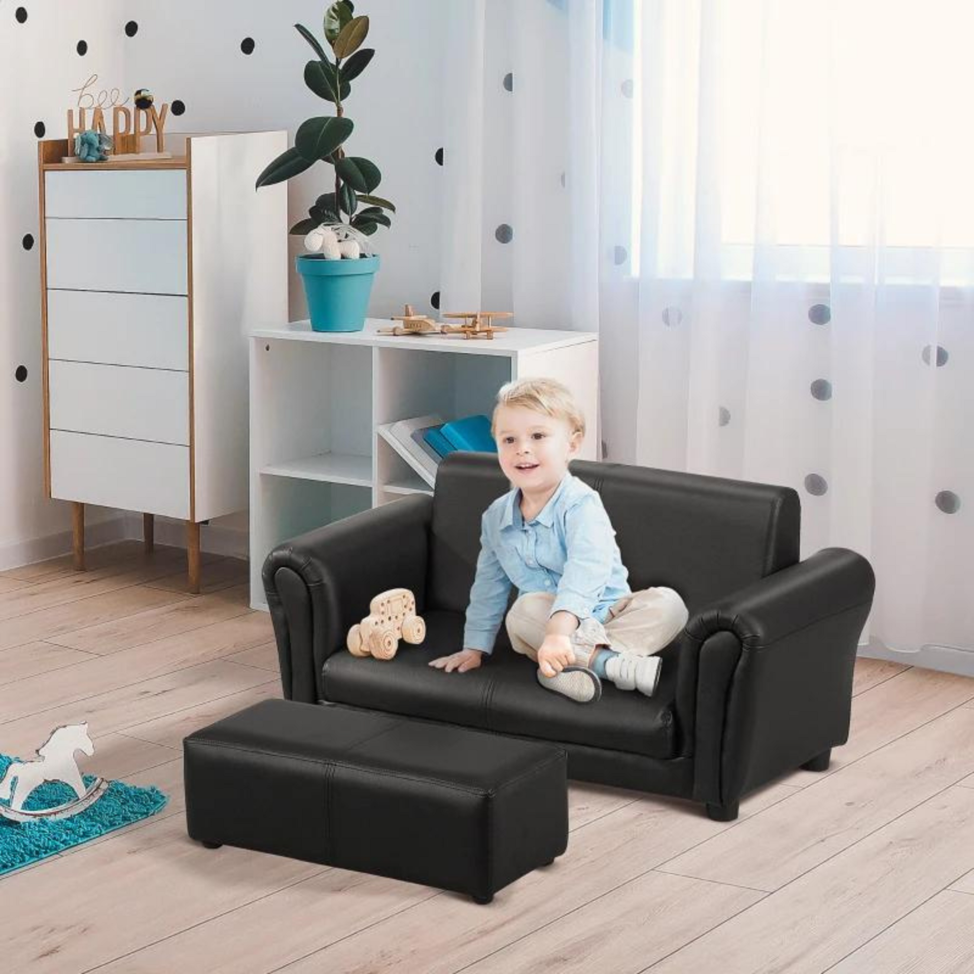 Zwarte kinderbank met hocker voor de kinderkamer of speelhoek