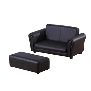 Zwarte kinderbank met hocker voor de kinderkamer of speelhoek met stevig frame en comfortabele bekleding