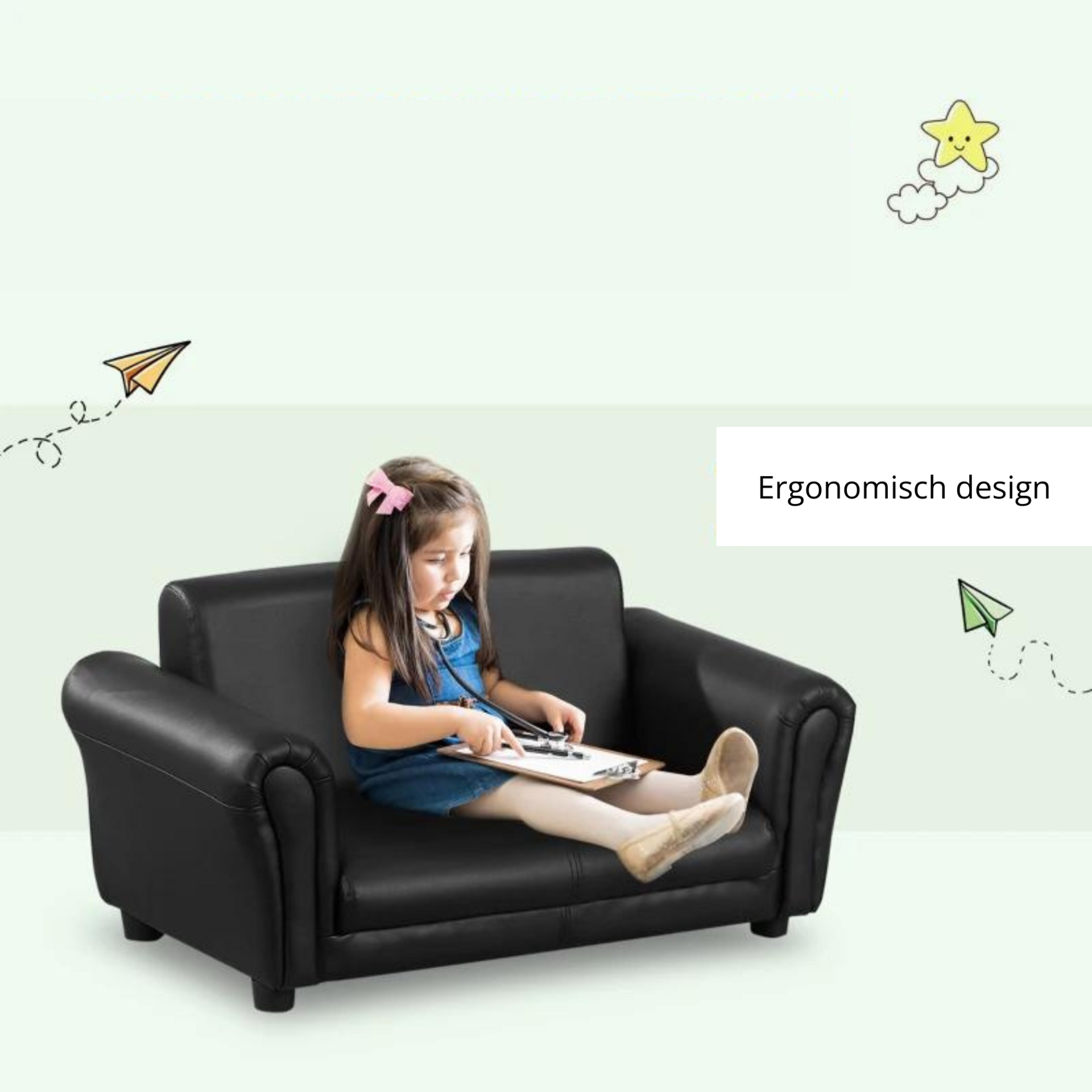 Zwarte kinderbank met hocker voor de kinderkamer of speelhoek