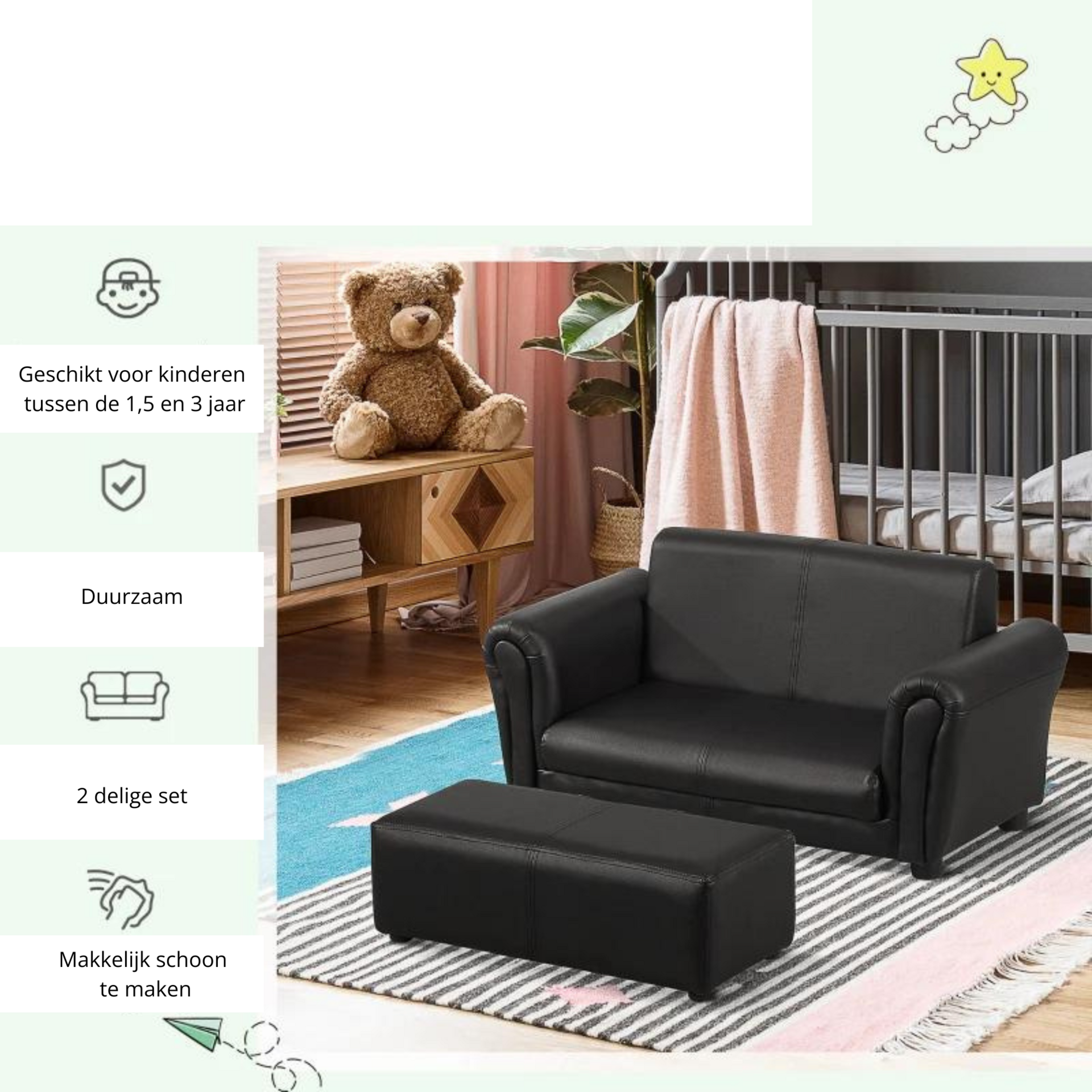 Zwarte kinderbank met hocker voor de kinderkamer of speelhoek