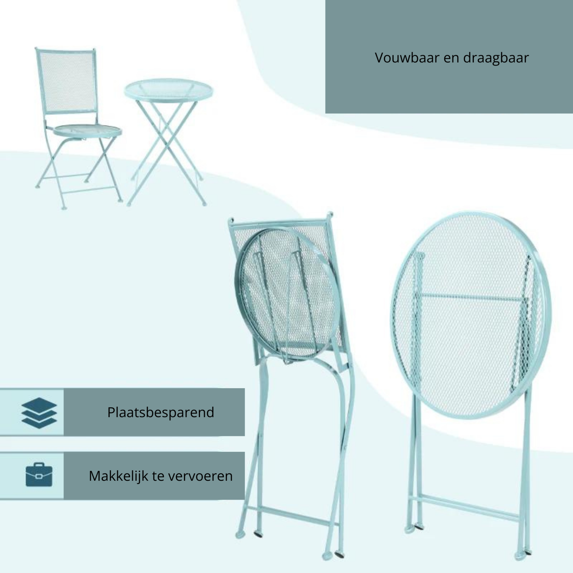 Bistro tuinset bistroset blauw met inklapbare stoelen en metalen tafel