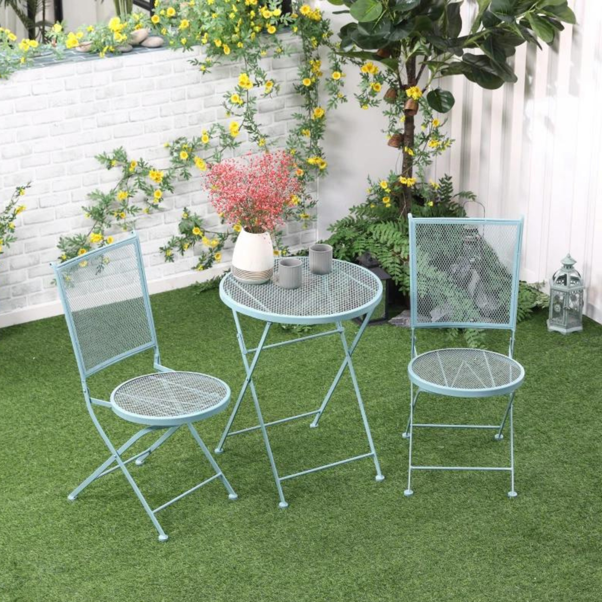 Bistro tuinset bistroset blauw met inklapbare stoelen en metalen tafel