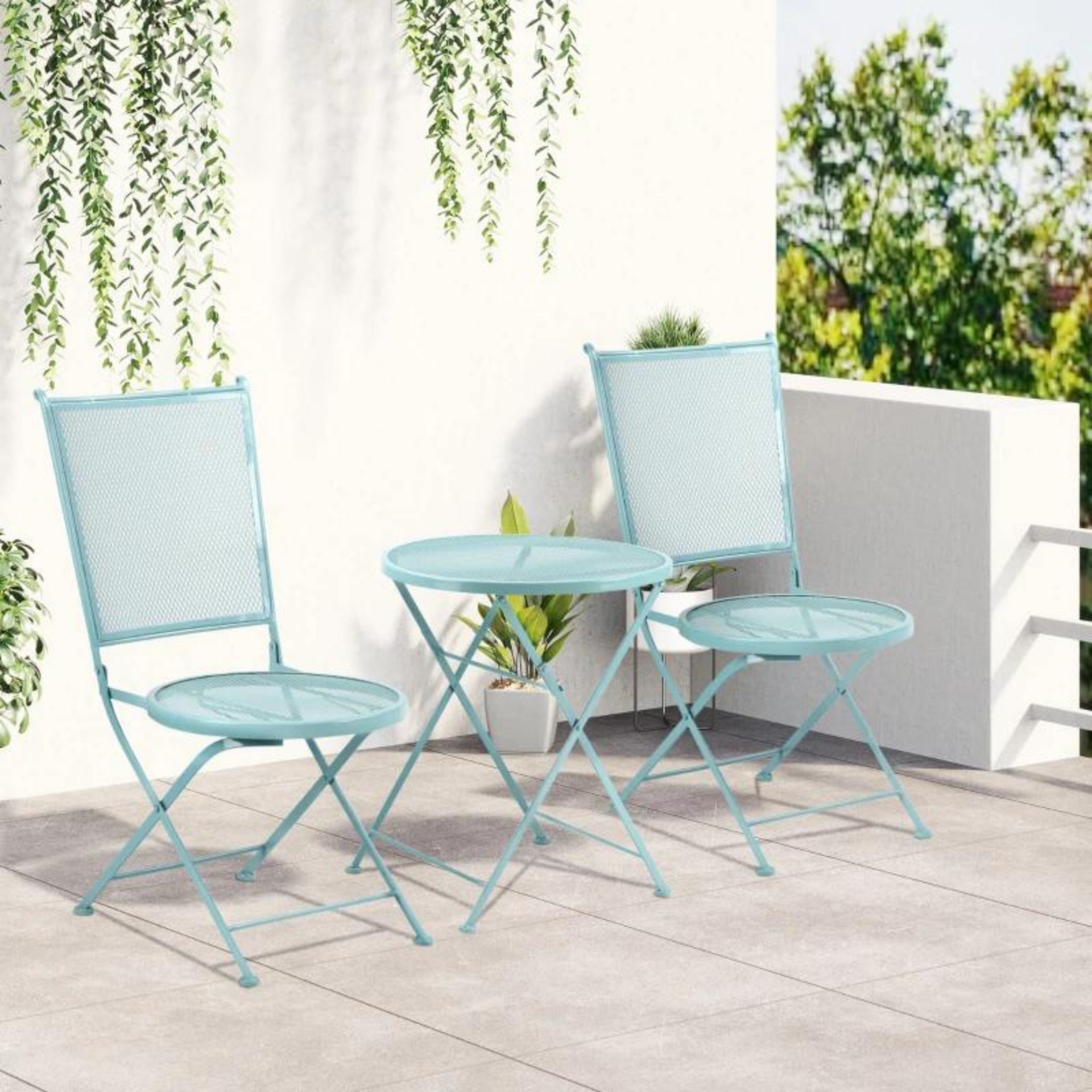 Bistro tuinset bistroset blauw met inklapbare stoelen en metalen tafel