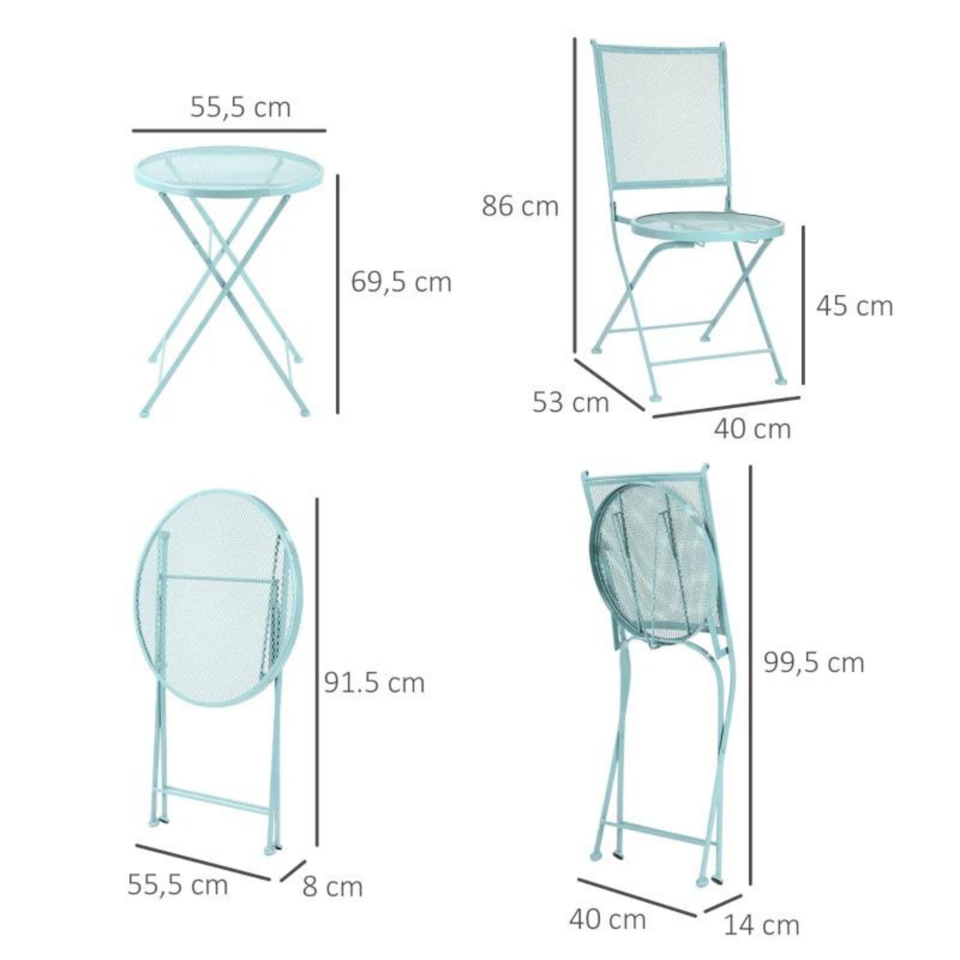 Bistro tuinset bistroset blauw met inklapbare stoelen en metalen tafel
