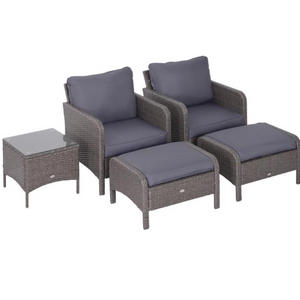 5-delige loungeset van grijs polyrattan met comfortabele zitkussens, inclusief tafeltje en voetenbankjes voor optimaal comfort