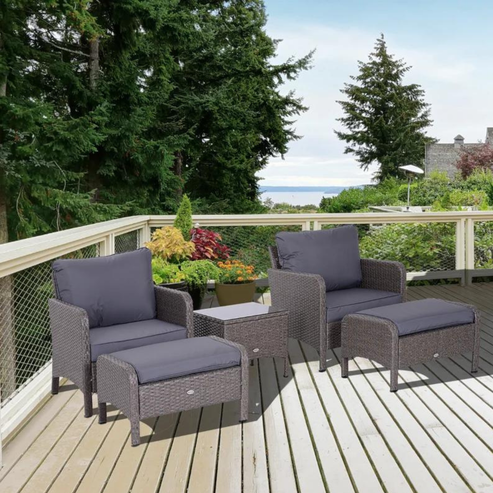 5-delige loungeset van grijs polyrattan met comfortabele zitkussens
