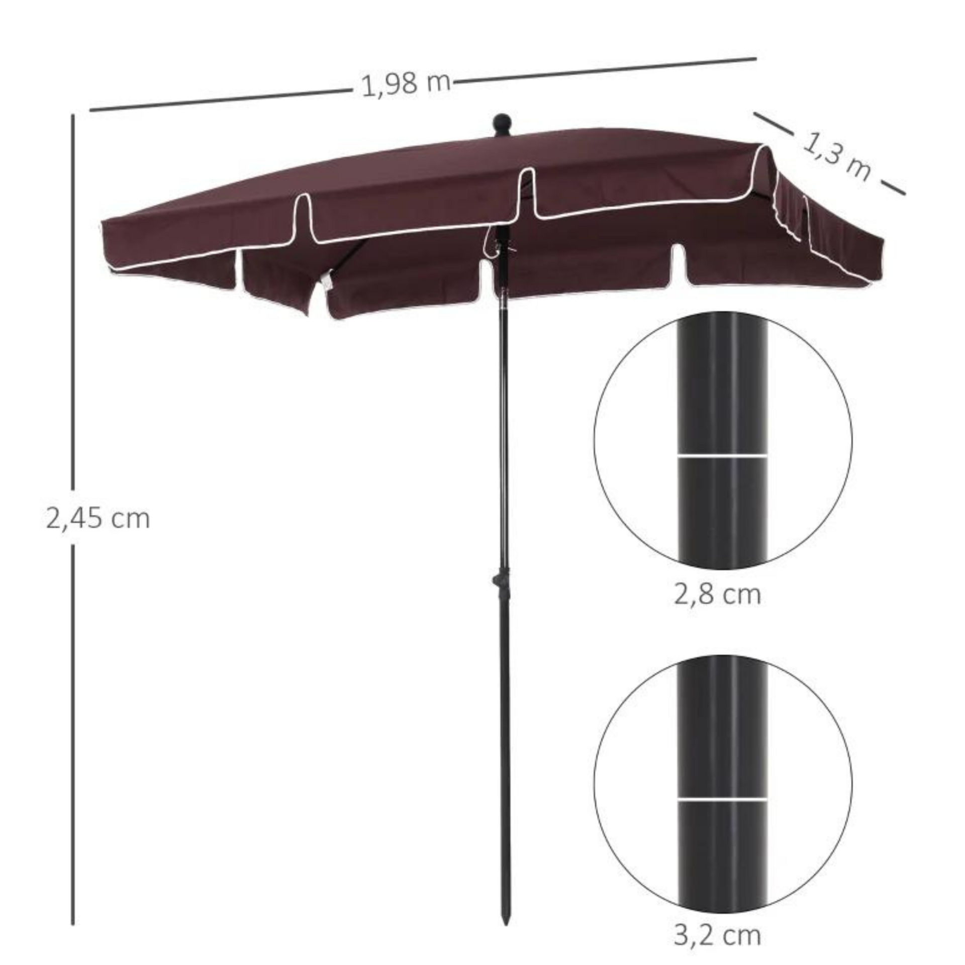 Rechthoekige balkonparasol met knikfunctie in bruin 200x125