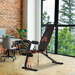 Verstelbare halterbank en trainingsbank voor krachttraining en fitness in lichte kamer met grote ramen en uitzicht op natuurzicht