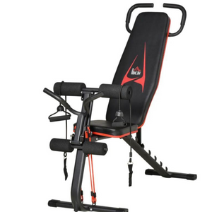 Verstelbare halterbank en trainingsbank voor krachttraining en fitness met zittingen en weerstandskoorden voor thuisgymnastiek.