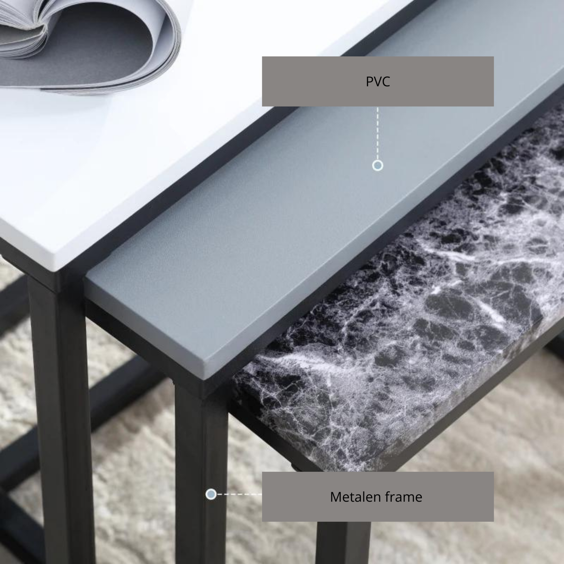 3-delige salontafel set met metalen frame en modern design