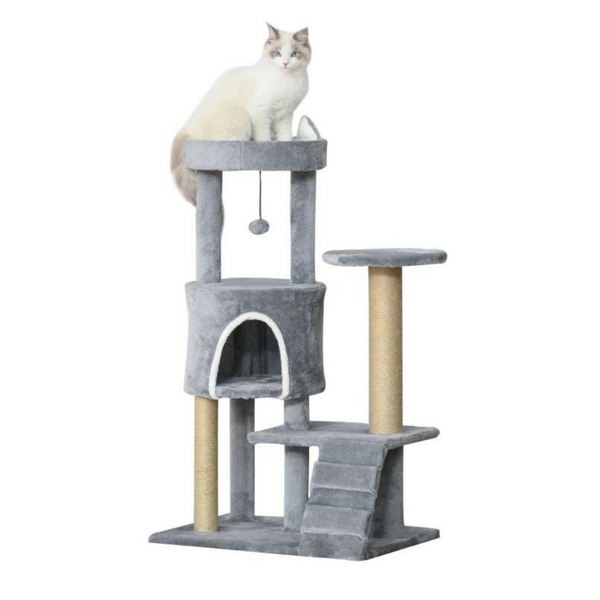 Grijze kattenkrabpaal met huisje en sisalpalen – 100 cm hoog