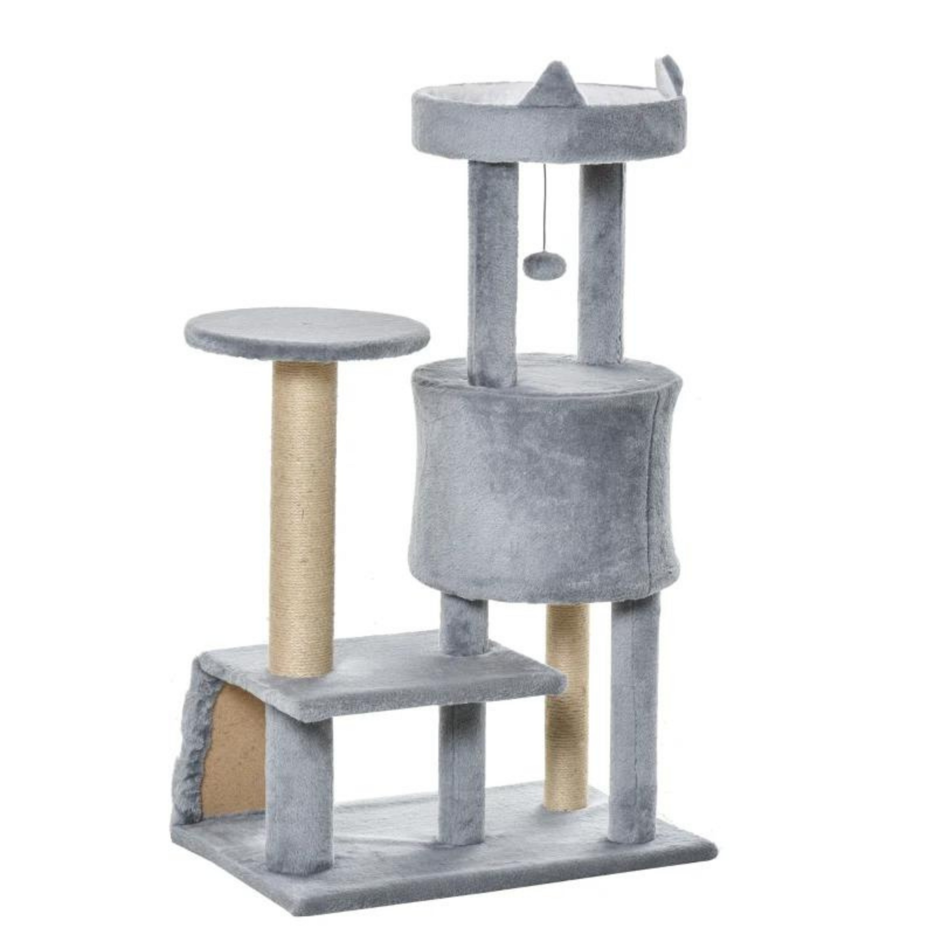 Grijze kattenkrabpaal met huisje en sisalpalen – 100 cm hoog