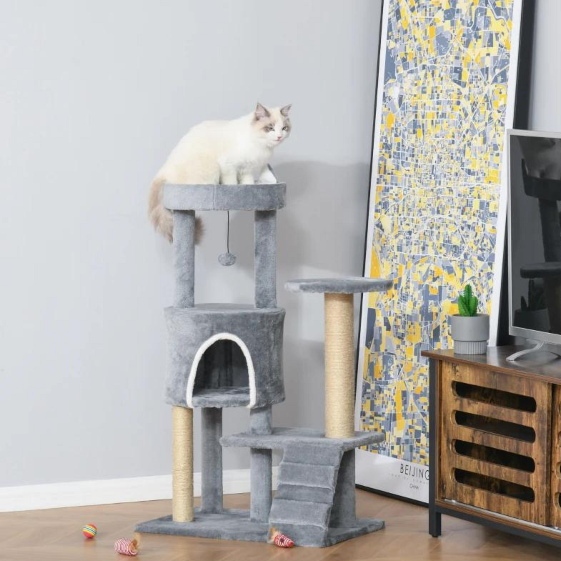 Grijze kattenkrabpaal met huisje en sisalpalen – 100 cm hoog