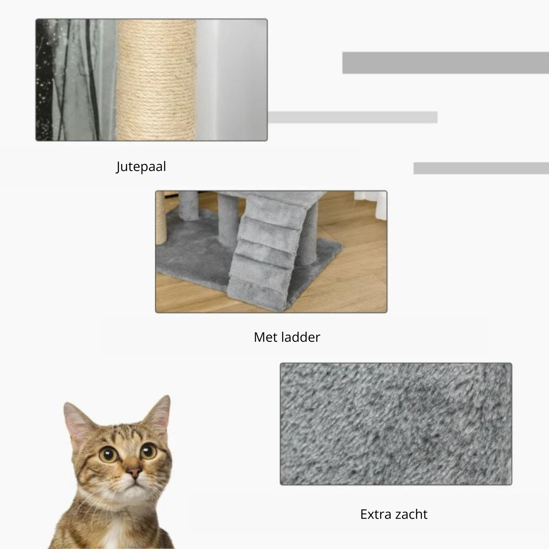 Grijze kattenkrabpaal met huisje en sisalpalen – 100 cm hoog