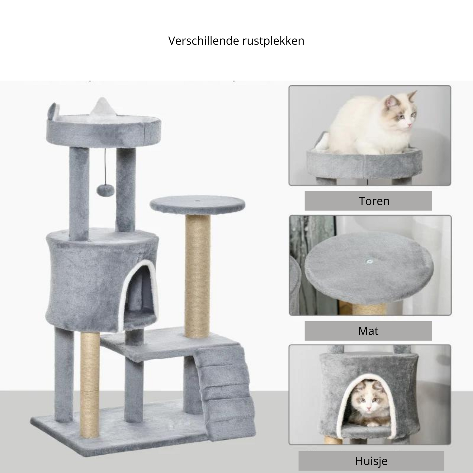 Grijze kattenkrabpaal met huisje en sisalpalen – 100 cm hoog